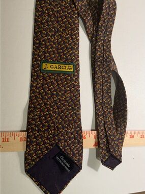 J. Garcia Navy Tie with Yellow, Red and Green Geometric Motif